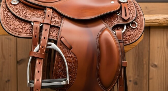 Ornate brown leather western saddle with floral carving and stirrup.