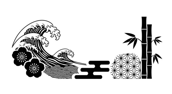 Japanese traditional cultural patterns with ocean waves and bamboo