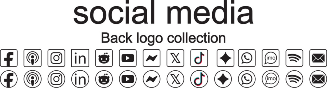 Social media logos in black circles, popular social media icons collection, vector button pack 2026. Black and white social media icons collection includes isolated vector logos. Popular social media 