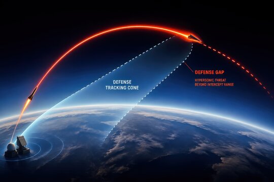 Missile defense system tracking a hypersonic threat in space, highlighting defense gap and interception challenges.