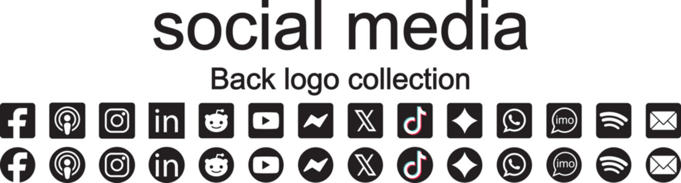 Social media logos in black circles, popular social media icons collection, vector button pack 2026. Black and white social media icons collection includes isolated vector logos. Popular social media 