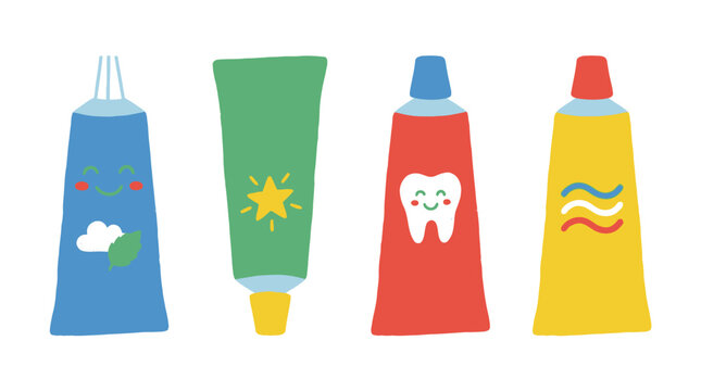 4 Hand-Drawn Flat Vector Toothpaste Tube Illustrations for Dental Hygiene and Oral Care
