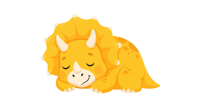 Cute sleeping yellow triceratops dinosaur, cartoon style, isolated on white background