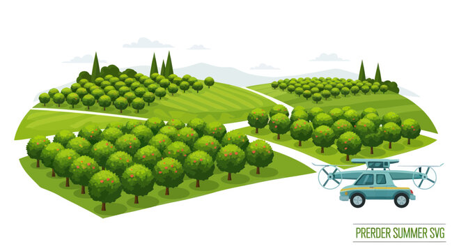 Farming Drone Flying Over Green Orchard Fields, Agriculture Technology Concept