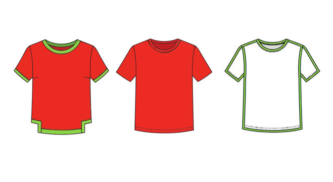Three T-Shirts: Red, Red, and White with Green Trim, Isolated