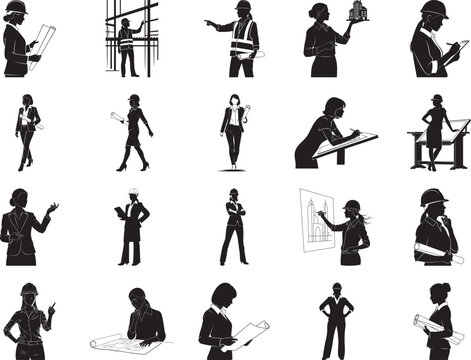 Female architects and engineers silhouettes in various poses