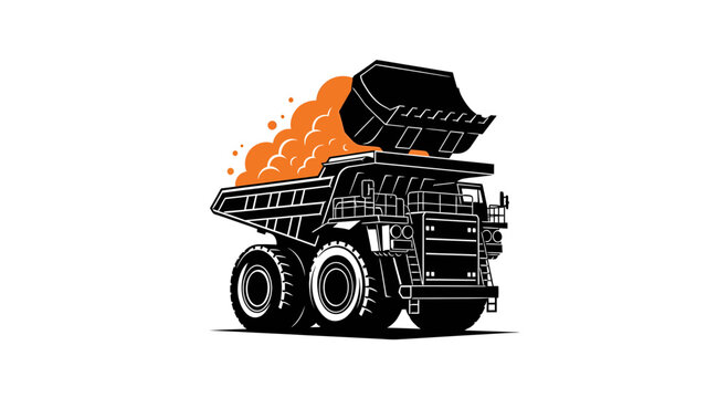 Industrial mining hauler truck being loaded by excavator bucket