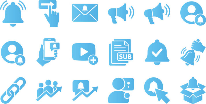 Blue notification icons set bell message phone mail megaphone user link group chart share box for social media.
