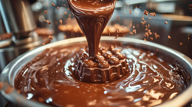 A close up of molten chocolate being poured into a mold with droplets splashing around in slow motion capturing the rich texture and glossy surface of the confectionery process - mother.