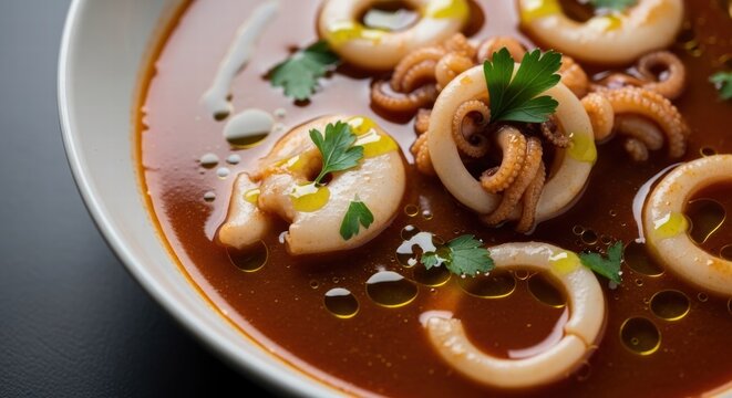 Italian seafood stew, Buridda di seppie, a close up displaying fresh calamari and baby octopus rings in a rich tomato sauce, garnished with parsley and olive oil