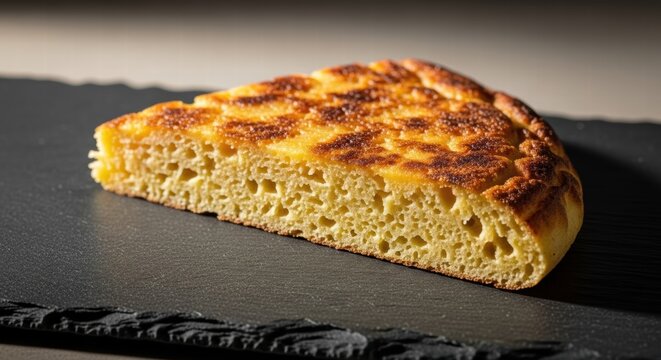 Golden farinata slice displaying golden brown crispiness and a porous texture, a delicious traditional Italian chickpea flatbread for a savory snack experience