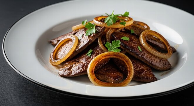 Fegato alla Veneziana, a traditional Italian liver and onion dish, showcasing gourmet culinary preparation with modern food styling on a minimalist plate