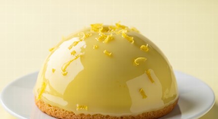 Fototapeta premium Delizia al limone, glossy dome pastry on a crisp cookie base, crowned with fresh lemon zest a refined Neapolitan citrus dessert for elegant, modern indulgence