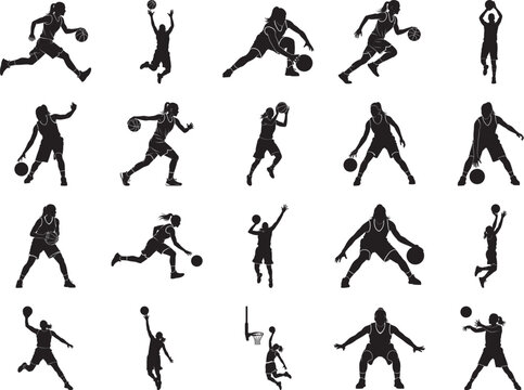 Female Basketball Player Silhouettes in Action Poses