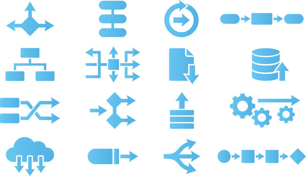 Blue icons symbolizing process flow data management and network connections with arrows and shapes.