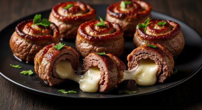 Italian braciole with melted cheese filling, a gourmet twist on traditional beef rolls, offering a delicious appetizer or main course, garnished with fresh parsley on a dark plate