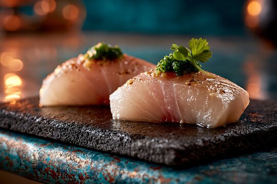 Fresh yuzu kosho yellowtail sushi served on a dark stone plate