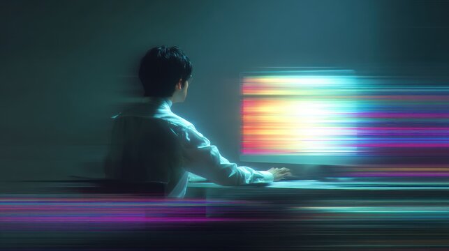 Back view of man working on glowing computer screen with vibrant digital glitch motion blur effect in dark room