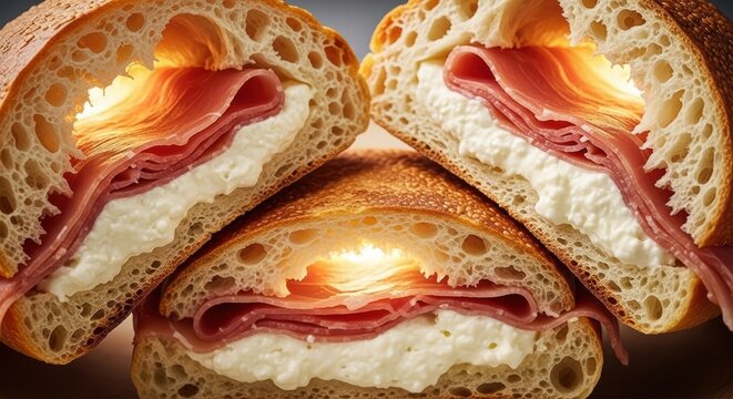 Tigelle bread, split open and generously filled with delicate prosciutto and soft white cheese, showcasing a popular Italian dish with warm, inviting food styling