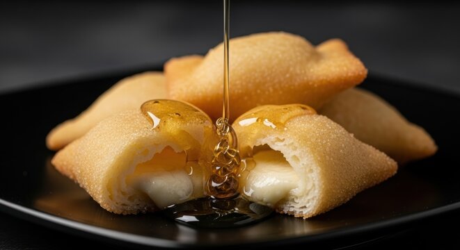 Seadas, a traditional Sardinian dessert, showcasing golden fried pastry filled with melty cheese and drizzled with sweet honey on a dark plate