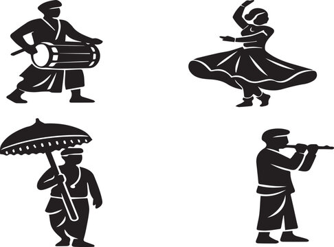 Traditional Sri Lankan Kandyan Dancers and Musicians Silhouette Vector Set Featuring Geta Beraya Drummer, Traditional Flutist, Sunshade Bearer, and Graceful Cultural Female Performer