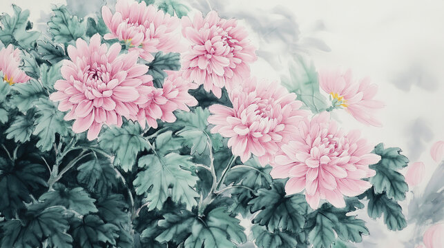 Pink chrysanthemums ink wash on grassland close up petals emerald green leaves rice paper medium delicate neat strokes bright pink blooms prominent blank area high resolution wide lens shallow dof aer