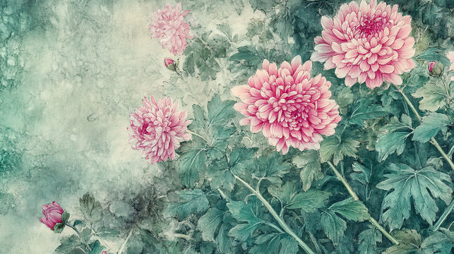 Traditional Chinese ink painting pink chrysanthemums in field macro view emerald green foliage soft backlight rice paper texture strong brushwork vibrant pink flowers high def wide angle shallow depth