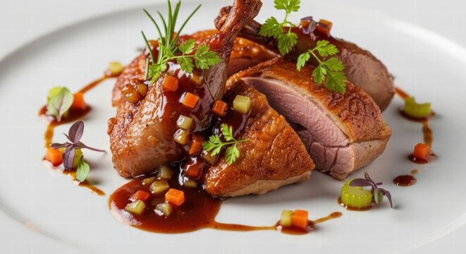 Gourmet chef presenting roasted poultry with caramelized skin, savory brown sauce, colorful vegetable brunoise and herb garnishes on a crisp white plate for fine dining