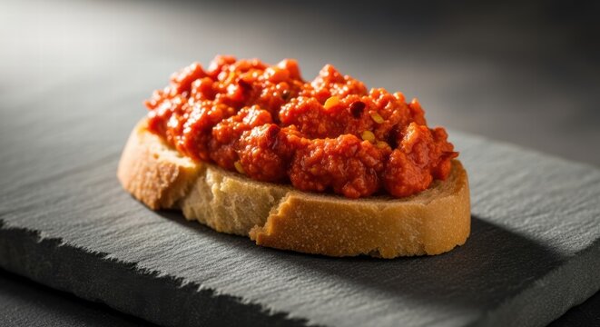 Italian sardella crostino appetizer featuring a savory Calabrian spicy fish paste and chili flakes on fresh country bread, served for a culinary experience
