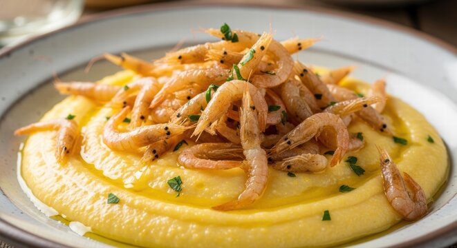 Creamy cornmeal polenta topped with crispy fried schie - small lagoon shrimp - , drizzled with olive oil and garnished with parsley for a rustic Venetian seafood dish