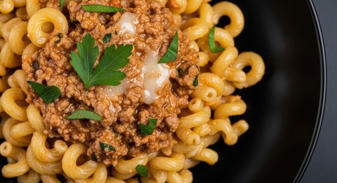 Gramigna pasta serving featuring a rich. Flavorful Bolognese ragu sauce. Garnished with fresh parsley and a delicate Parmesan topping