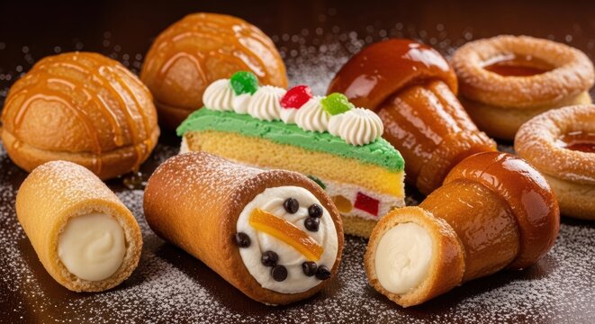 Assortment of classic Italian pastries featuring cannoli, rum baba, and colorful cassata cake, beautifully arranged with powdered sugar