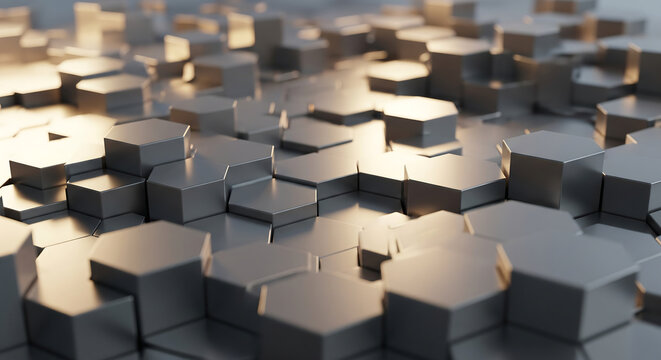 Abstract 3D Metallic Hexagonal Pattern with Dynamic Surface and Soft Lighting for Modern Technology Background