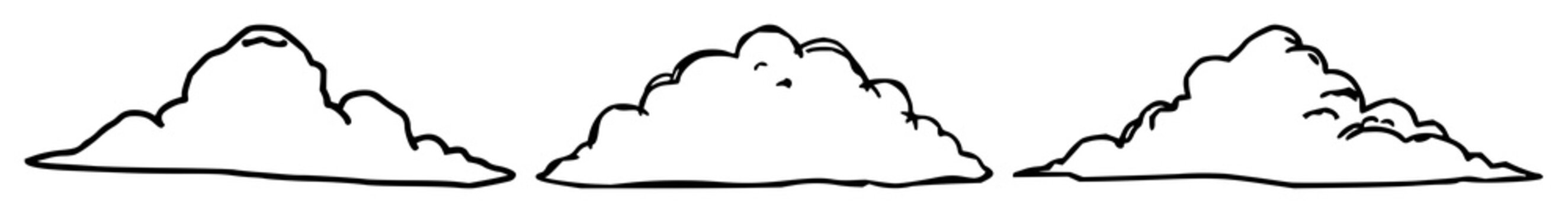 Sky icon set with black line art on white background featuring stylized clouds, celestial, illustration with minimalism and simplicity