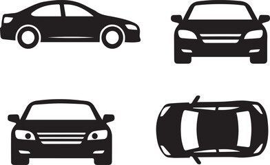 Obraz premium Modern Car Vector Icon Set Featuring Sedan Silhouettes in Side, Front, Back, and Top View Perspectives for Automotive Design, Web Development, and Transportation Industry Projects.