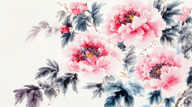 Chinese brushwork pink peonies white backdrop green leaves deep blue petal margins light red palette pink purple gray splendid large flowers small buds vibrant extremely detailed