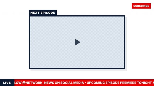 News broadcast overlay template with placeholder video window and scrolling red lower third ticker bar for television media reporting