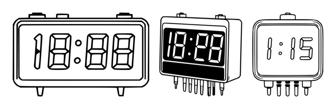 Nixie tube clock set with elegant black line art design featuring retro, glowing, minimalist, nostalgic with black line art and white background