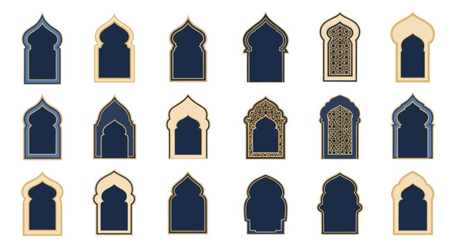 Large set of islamic arch window frames with traditional shapes and patterns for middle eastern architectural design.