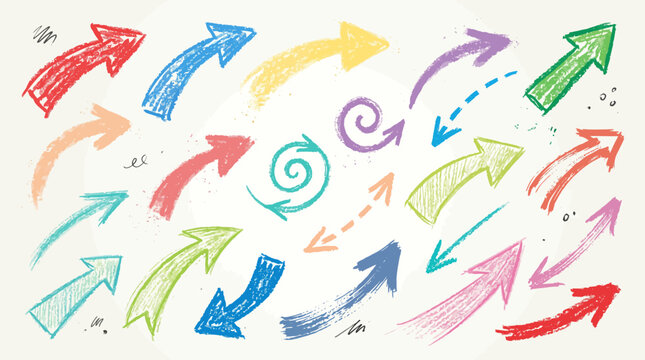 Hand Drawn Colorful Arrow Set Sketch Chalk Crayon Directional Symbols Graphics Collection