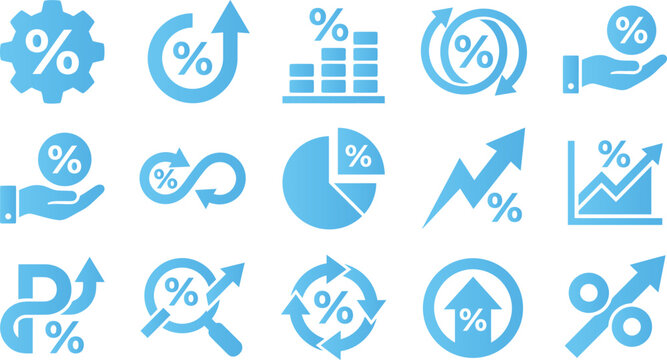 Collection of percentage and growth chart icons representing financial concepts statistics and business development progress.