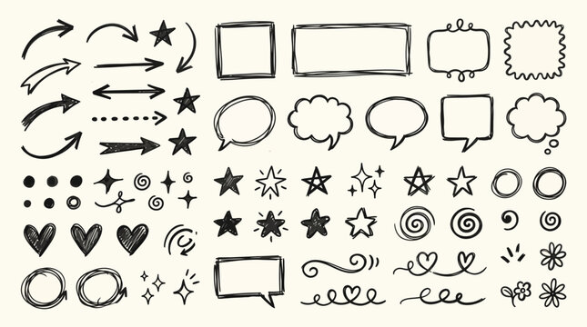 Hand Drawn Doodle Elements Set, Sketch Arrows, Speech Bubbles, Frames, Stars, Hearts, Ink Illustration for Design