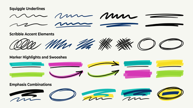 Hand Drawn Marker Strokes Scribble Accents Highlighter Swatches Vector Set Squiggle Underlines Arrows Circles Emphasis