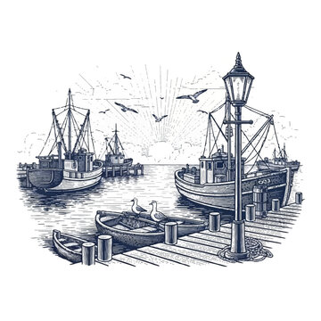 Fishing Boats on the Dock Water.