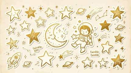 Space Astronaut Moon Stars Hand Drawn Sticker Set Gold Doodle Illustration Rocket Ship Kids Nursery Decor Clipart © PYARA