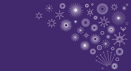 Naklejka premium Dynamic burst of white star and firework shapes arranged on a deep purple background with a modern look for holiday greeting card designs.