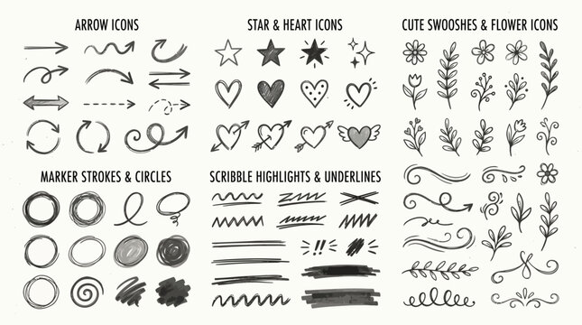 Hand Drawn Doodle Elements Arrows Hearts Stars Flowers Sketch Marker Stroke Underlines Circles Collection