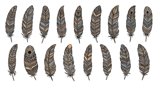 Bohemian bird feather collection featuring intricate ethnic patterns and tribal designs for creative fashion and boho art projects.
