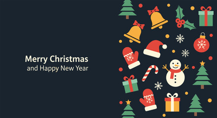 Fototapeta premium Merry christmas and happy new year greeting card with festive holiday icons like snowman bells and trees on dark background.