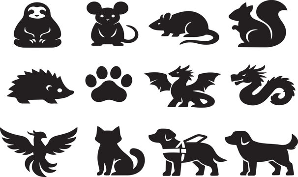 Collection of Minimalist Animal and Mythical Creature Silhouette Vector Icons Featuring Sloth, Dragon, Phoenix, Hedgehog, Squirrel, Mouse, and Dog Symbols for Creative Design Projects.
